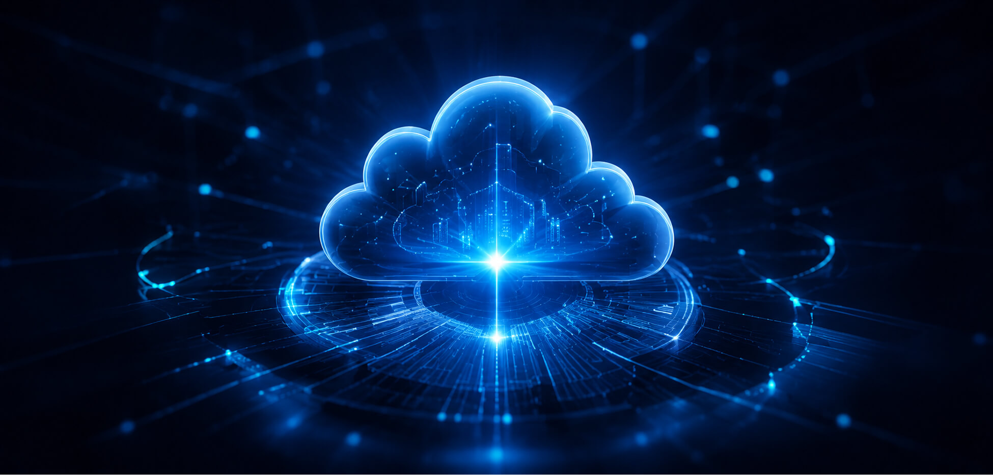 Leuchtende blaue Cloud-Graphik mit digitalen Schaltkreisen und Datenpunkten auf dunklem Hintergrund.
