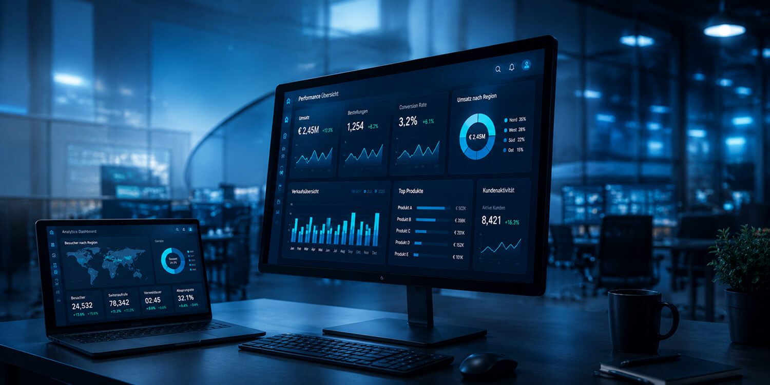 Auf einem Schreibtisch stehen Laptop und Monitor mit KPI-Dashboards, Diagrammen und Kennzahlen in blauem Licht.