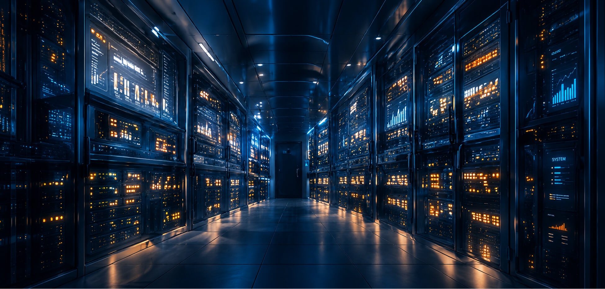 Ein langer Serverraum mit beidseitigen Racks, blauem Licht und orange leuchtenden Anzeigen führt auf eine Tür zu.