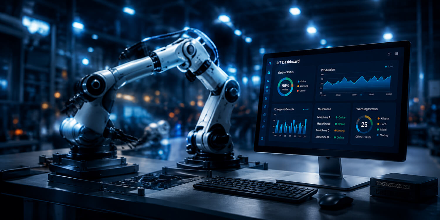Ein Roboterarm steht in einer dunklen Industriehalle neben einem Monitor mit IoT-Dashboard und Produktionsdaten.