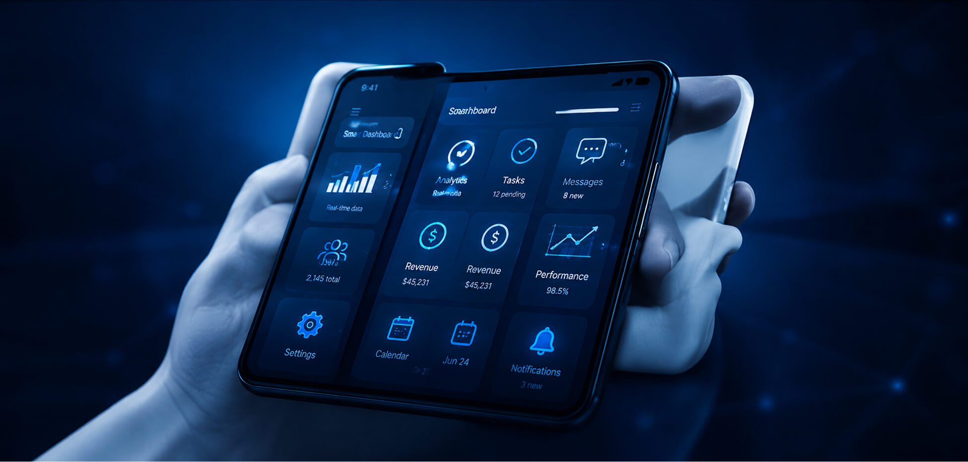 Hands hold a smartphone displaying a dark dashboard with analytics, tasks, messages, revenue, and performance tiles.