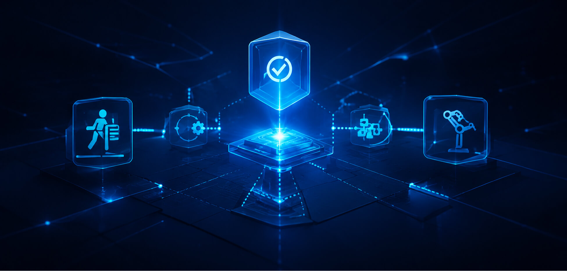 Leuchtend blaue 3D-Symbole schweben über einem dunklen Rasterboden und verbinden Prozess, Bestätigung und Automatisierung.