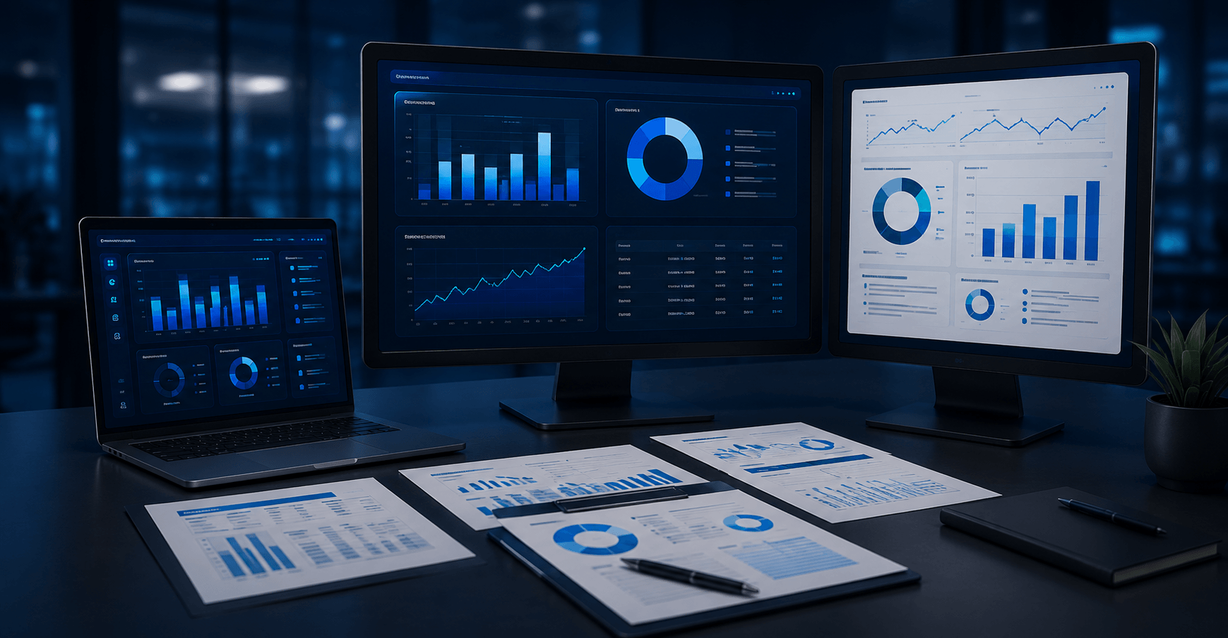 Drei Monitore und ein Laptop zeigen blaue Dashboards mit Balken-, Linien- und Ringdiagrammen auf einem dunklen Schreibtisch.