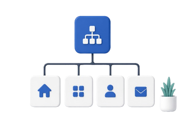 Blaue Sitemap-Grafik mit verbundenen Kacheln, Haus-, Raster-, Personen- und E-Mail-Symbol sowie einer kleinen Pflanze rechts.