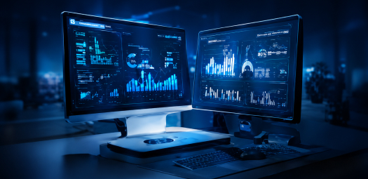 Zwei Monitore zeigen blaue Daten-Dashboards mit Diagrammen und Kennzahlen auf einem modernen Schreibtisch im dunklen Büro.