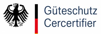 Links ein schwarzer Bundesadler, getrennt durch einen roten Balken vom Schriftzug „Güteschutz Certifier“.