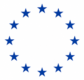 Zwölf blaue Sterne ordnen sich auf weißem Hintergrund zu einem Kreis und erinnern an das Symbol der Europäischen Union.