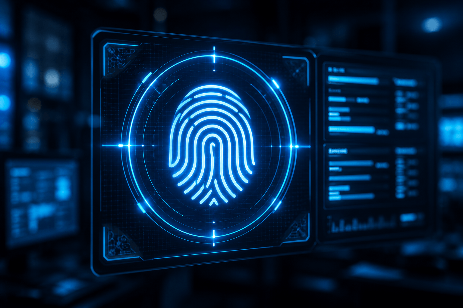 Leuchtendes Fingerabdruck-Symbol in Blau auf einer dunklen digitalen Benutzeroberfläche mit technischen Anzeigen und Kreisen.