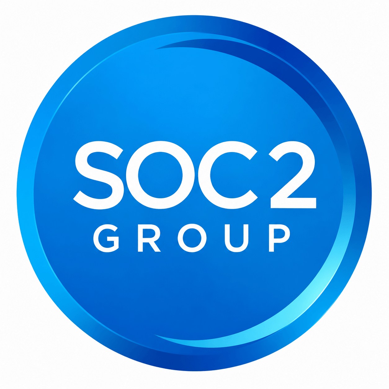 Blaues rundes SOC2-GROUP-Logo mit weißer Schrift und glänzendem Rand zentral auf hellem Hintergrund.