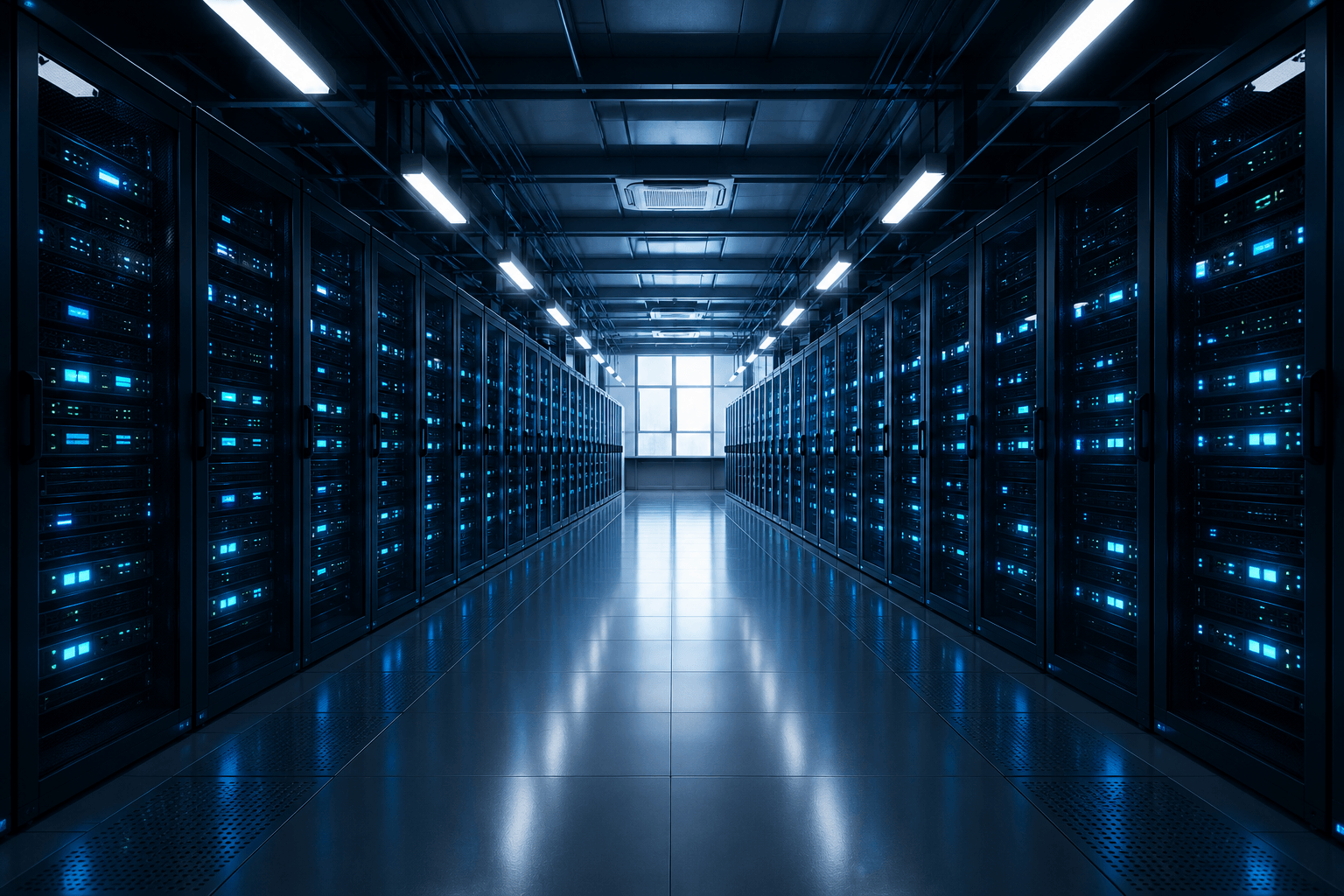 Ein symmetrischer Gang in einem modernen Rechenzentrum mit Serverracks, blauen Anzeigen und heller Fensterfront am Ende.